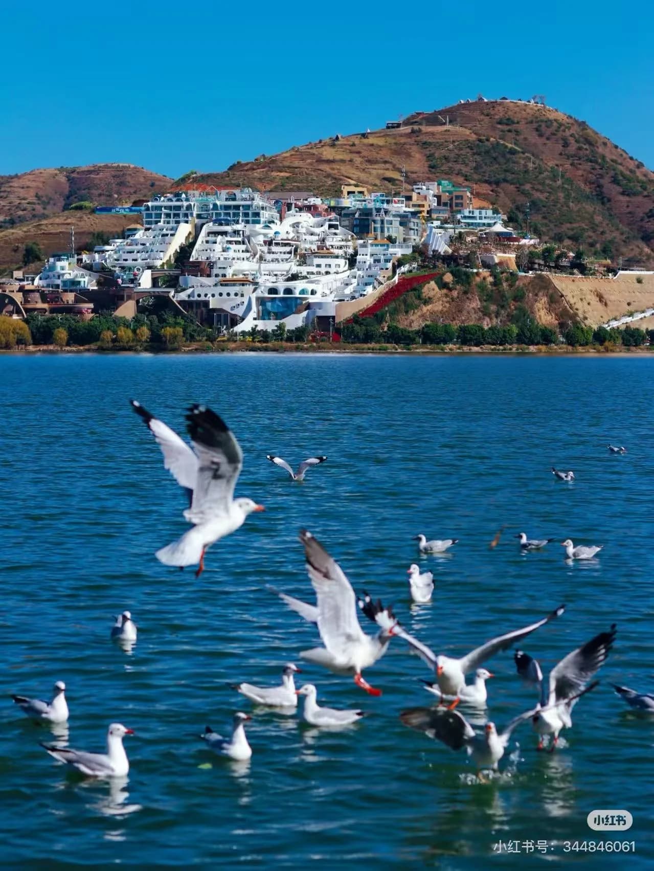 Turquoise waters of Erhai Lake reflect Cangshan Mountain's ridge line at sunrise, with small fishing boats near the shore