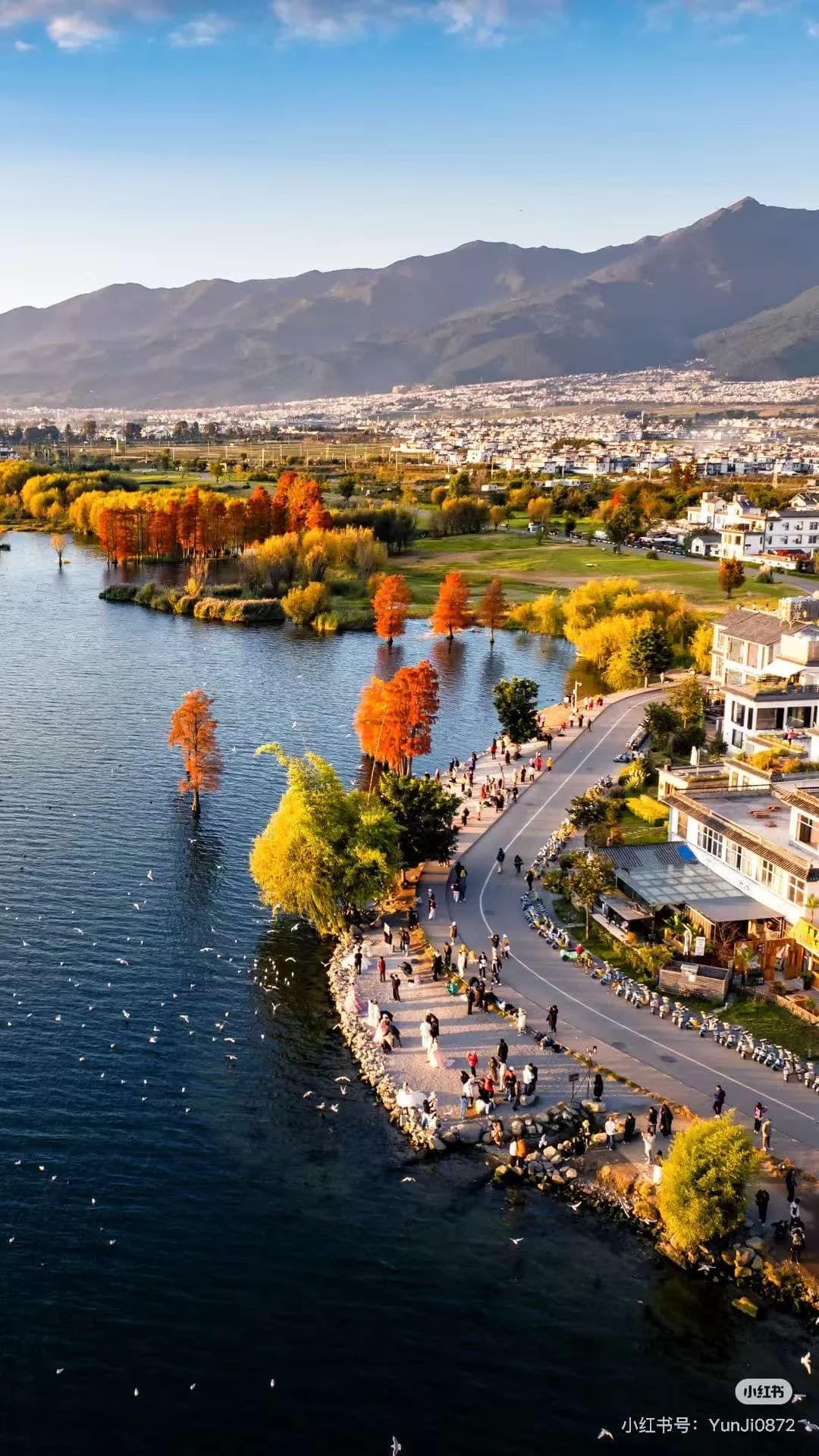 Cyclist riding along the western shore of Erhai Lake with mountains visible across the water
