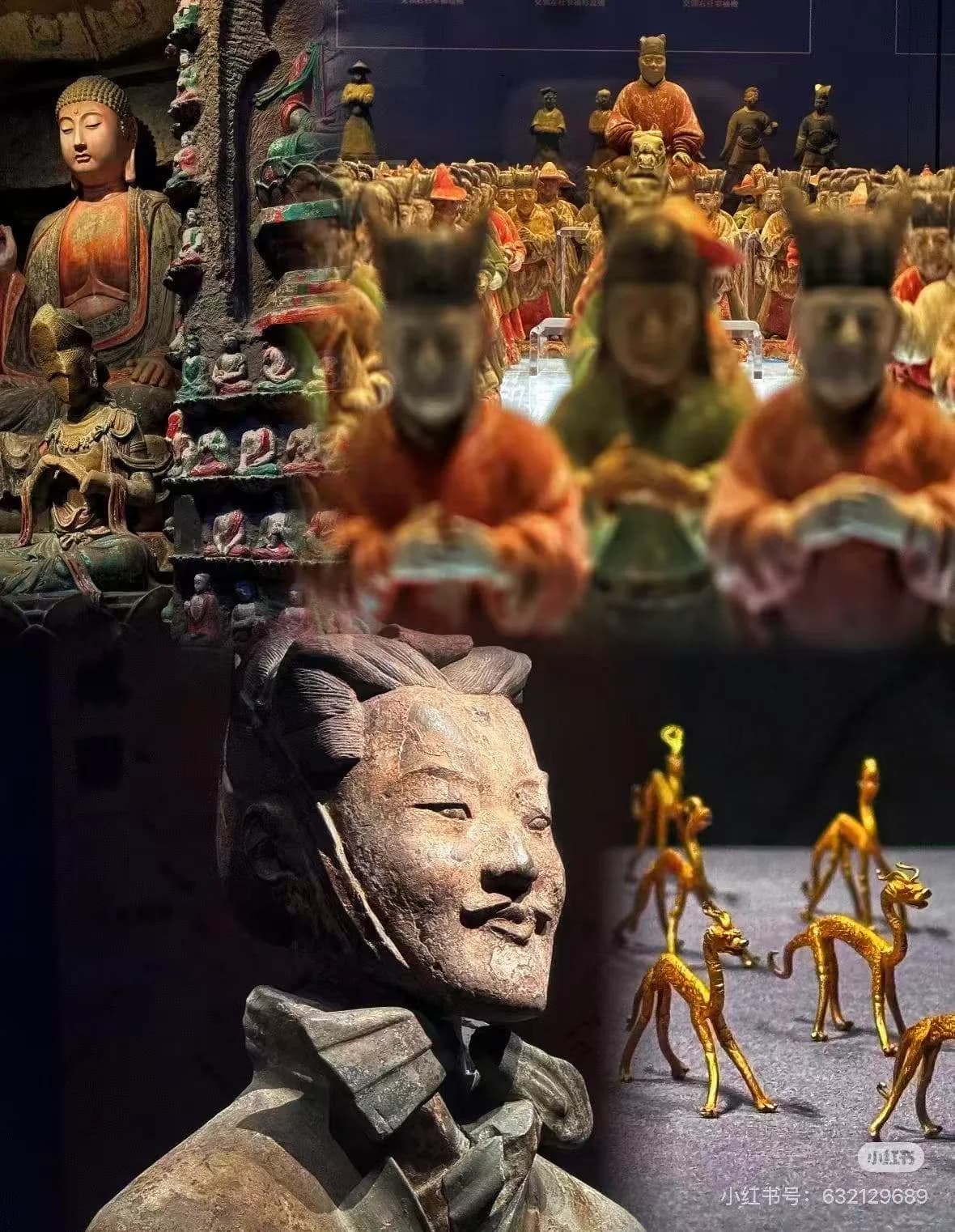 A collage of ancient artifacts from Xi'an, including Terracotta Warriors, Buddhist statues, and gold figurines.