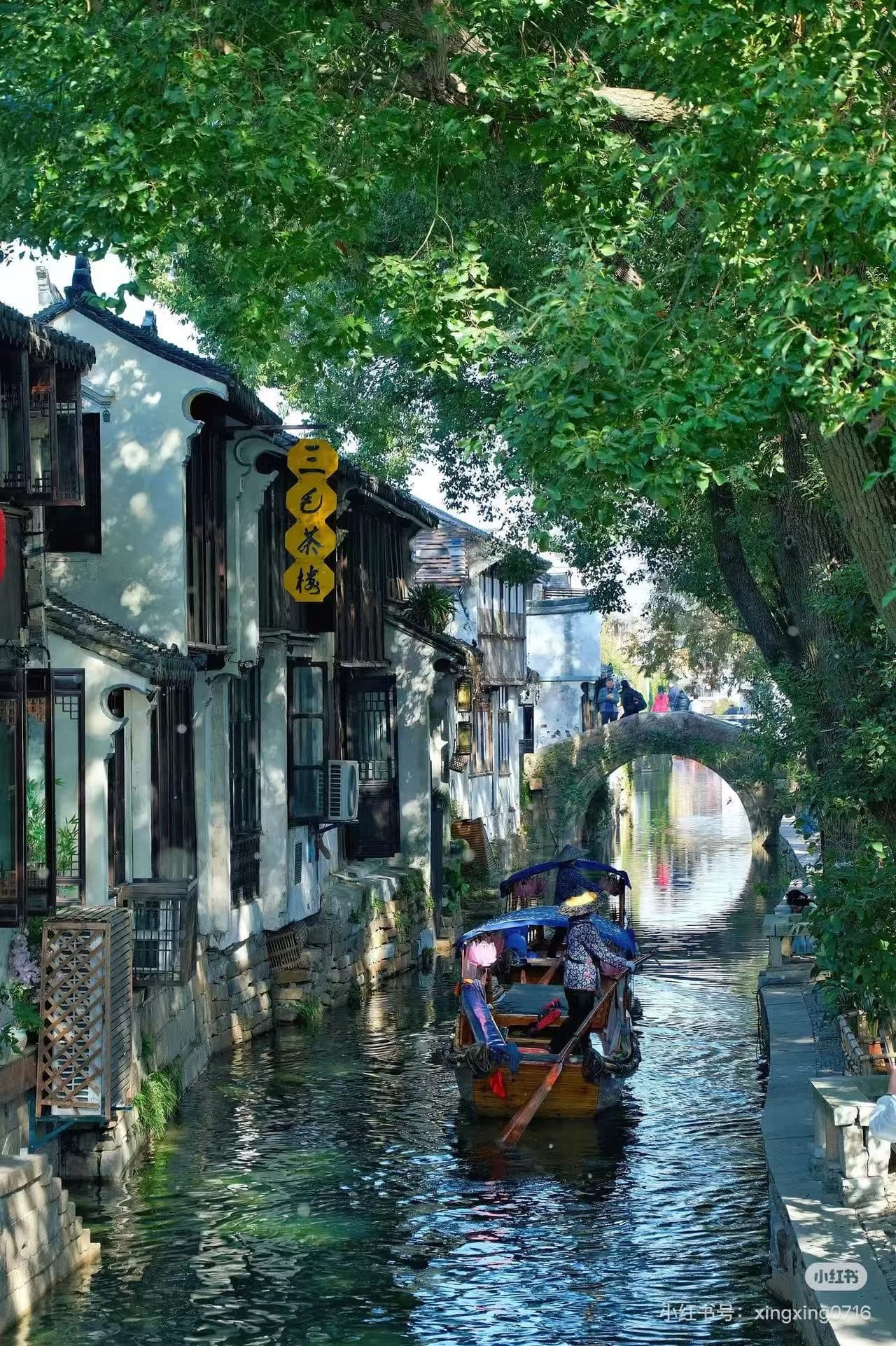 A traditional canal in Suzhou with wooden boats, ancient stone bridges, and white-walled houses with black tiled roofs.