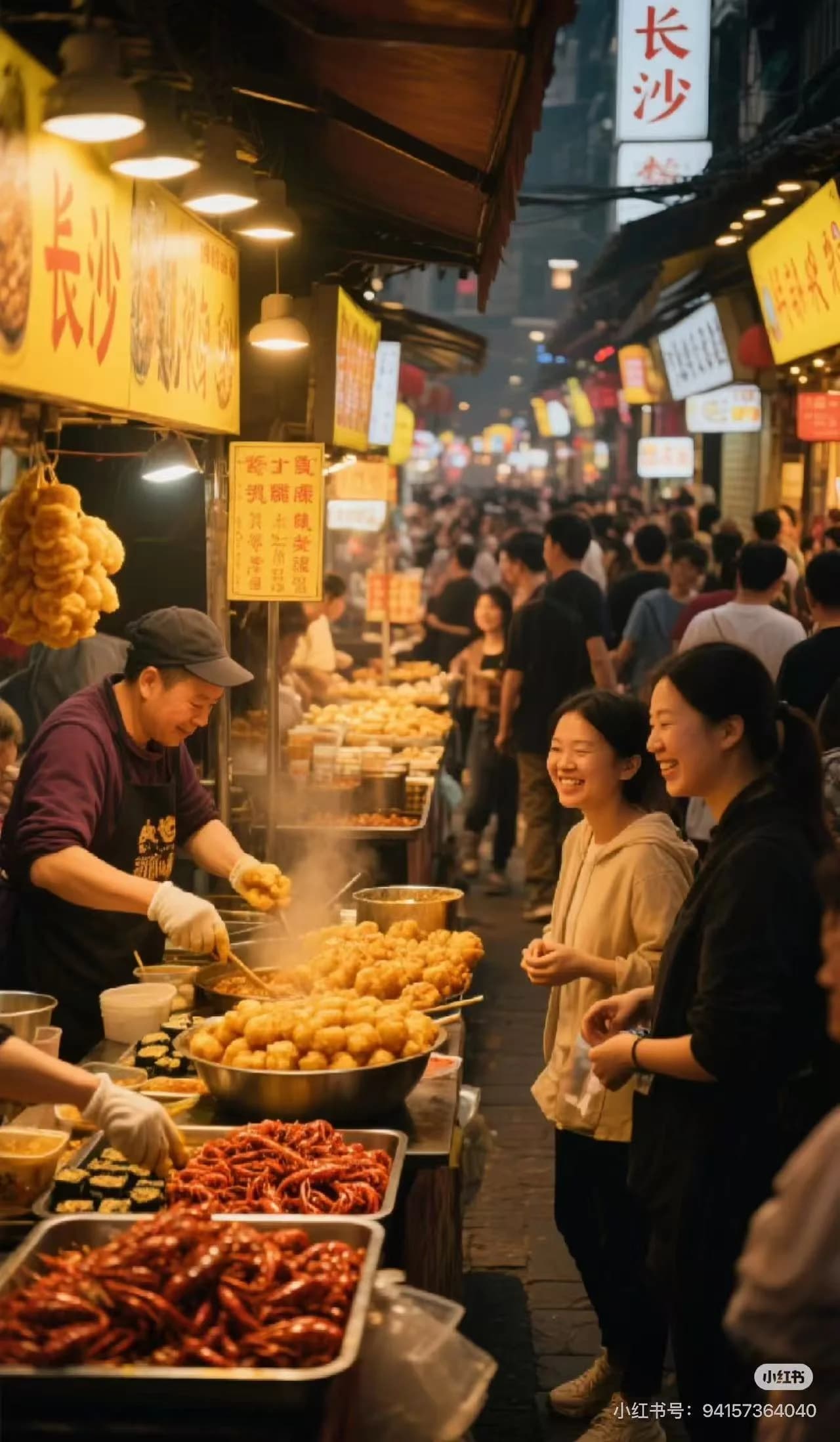 Assortment of Chinese street snacks at a night market stall