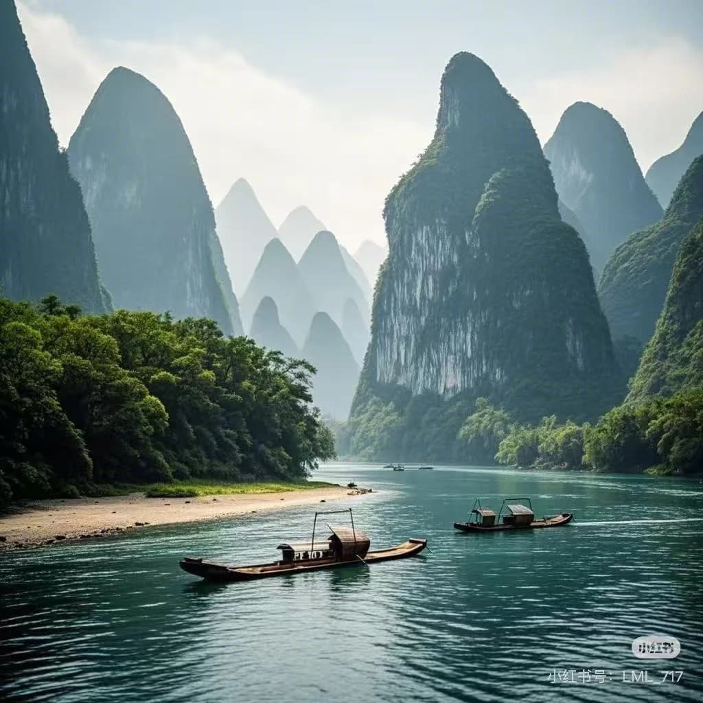 Traditional wooden riverboats drifting on the emerald Li River, surrounded by iconic karst mountain peaks.