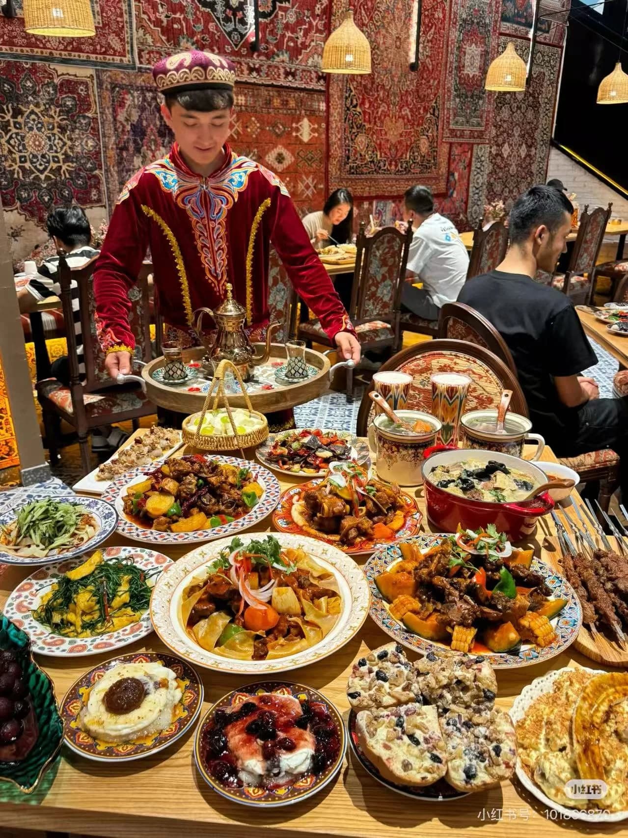 Xinjiang hand-pilaf rice and lamb skewers served on a wooden tray